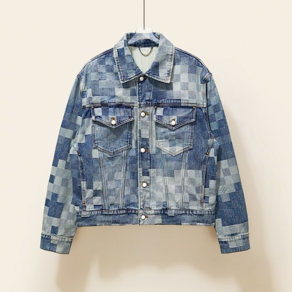 Louis Vuitton New Fashion Couple Mosaic Checkerboard Denim Jacket