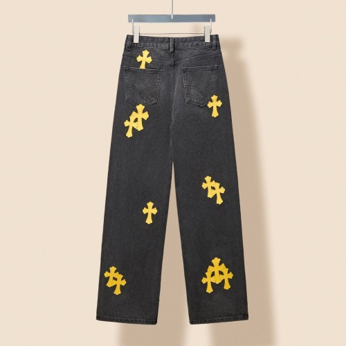 Chrome Hearts New Classic Black Yellow Leather Cross Denim Pants