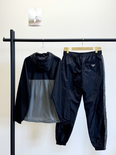 Prada New Black Grey Splicing Hooded Jacket Pants Set