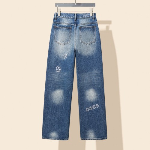 Chanel Fashion Embroidered Love Logo Straight Cowboy Pants