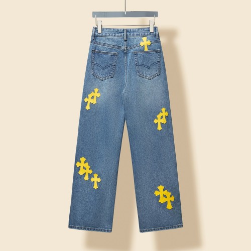 Chrome Hearts Classic Retro Washed Blue Yellow Cross Denim Pants