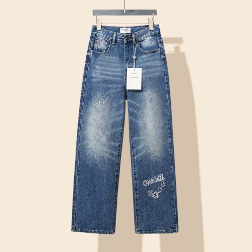 Chanel Fashion Embroidered Love Logo Straight Cowboy Pants