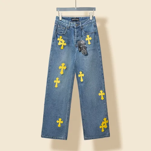 Chrome Hearts Classic Retro Washed Blue Yellow Cross Denim Pants