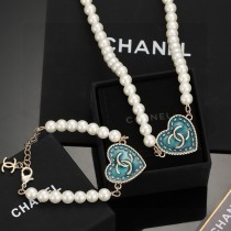 Chanel New Fashion Double C Love Retro Old Blue Pearl Bracelet Necklace