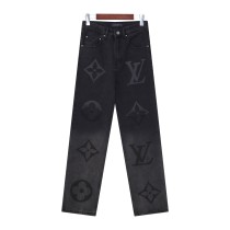 Louis Vuitton New Gradient Logo Printed Water Washed Black Grey Casual Jeans