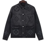 Louis Vuitton New Gradient Logo Printed Water Washed Black Grey Casual Cowboy Coat
