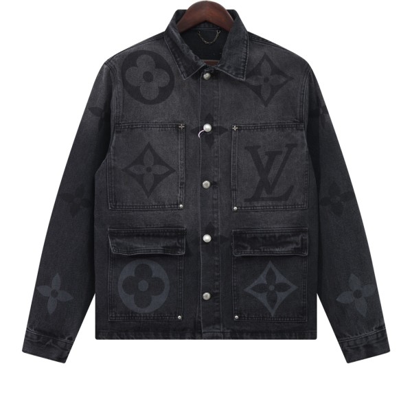 Louis Vuitton New Gradient Logo Printed Water Washed Black Grey Casual Cowboy Coat