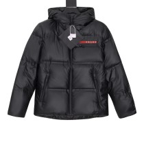 Prada Classic Couple Red Logo Hooded Four Grid Bread Down Jacket