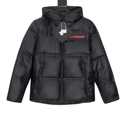 Prada Classic Couple Red Logo Hooded Four Grid Bread Down Jacket