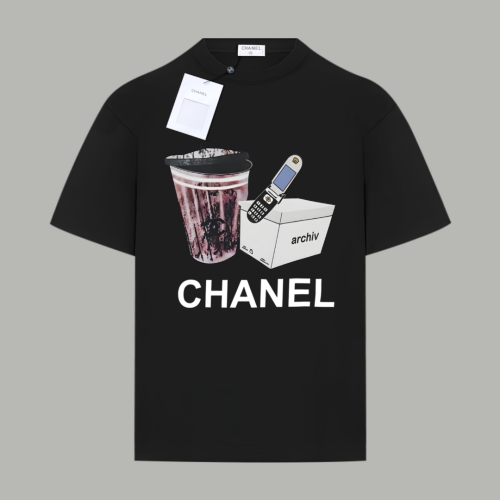 Chanel Fashion Anime Letter Printed Cotton Short Sleeve Couple Casual Loose T-shirt