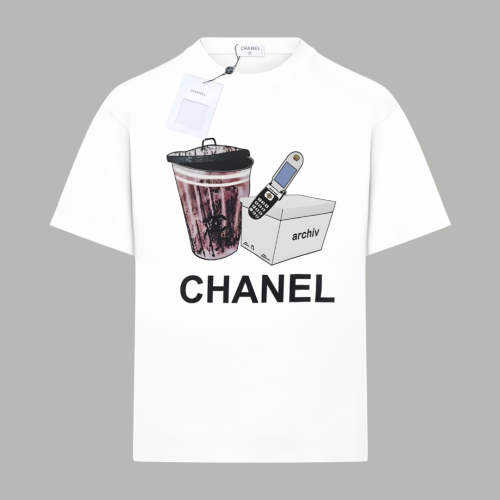 Chanel Fashion Anime Letter Printed Cotton Short Sleeve Couple Casual Loose T-shirt