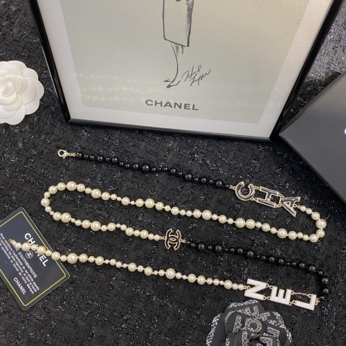 Chanel New Enamel Letter Black and White Splicing Pearl Long Necklace