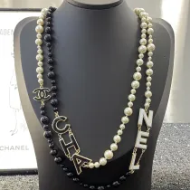 Chanel New Enamel Letter Black and White Splicing Pearl Long Necklace