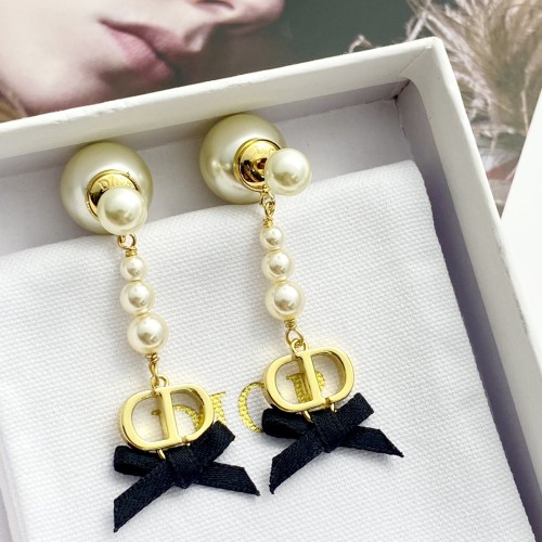 Dior Fashion Size Pearl CD Black Bow Earrings