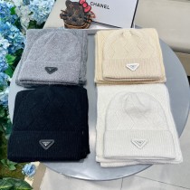 Prada Classic Leather Logo Cashmere Hat Scarf Set