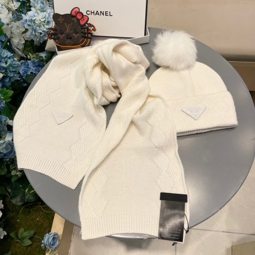 Prada Classic Leather Logo Cashmere Hat Scarf Set