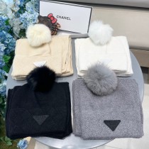 Prada Classic Leather Logo Cashmere Hat Scarf Set