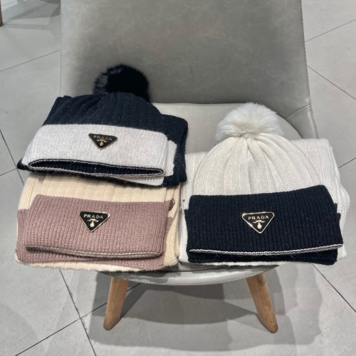 Prada Classic Triangle Logo Cashmere Hat Scarf Warm Set