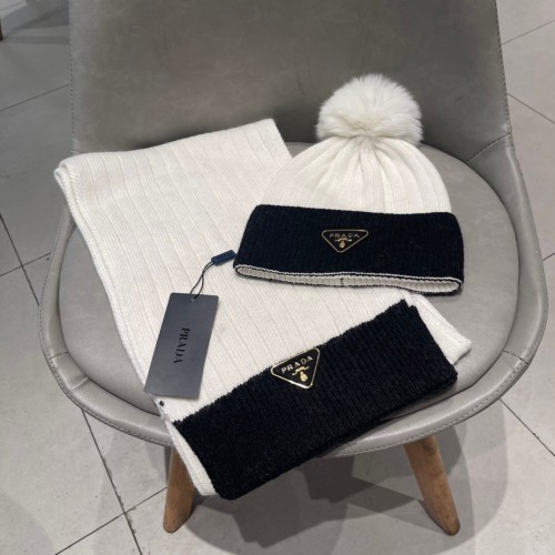 Prada Classic Triangle Logo Cashmere Hat Scarf Warm Set