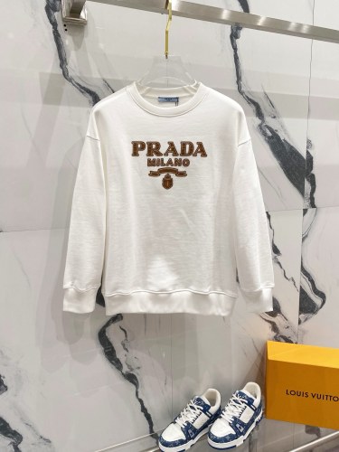 Prada New Classic Couple Retro Leather Letter Logo Round Neck Casual Hoodie