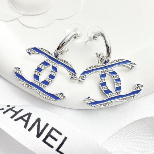 Chanel New Fashion Blue and White Striped Double C Water Diamond Earrings