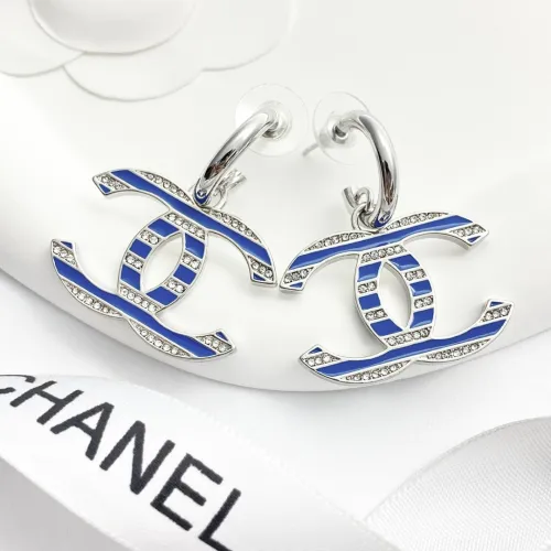 Chanel New Fashion Blue and White Striped Double C Water Diamond Earrings