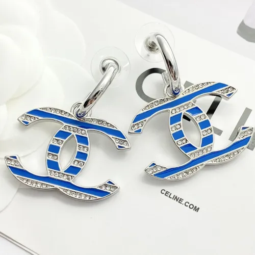 Chanel New Fashion Blue and White Striped Double C Water Diamond Earrings