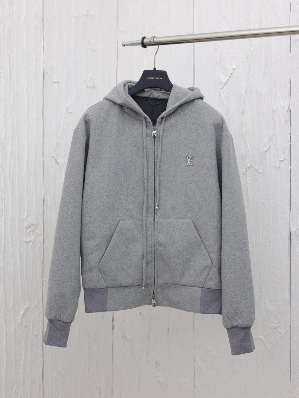 Louis Vuitton New Fashion Grey Pearl Drawstring Zipper Wool Coat