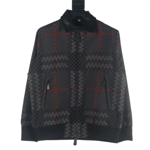 Burberry New Fashion Splicing Leather Collar Checkered Wool Jacket Coat