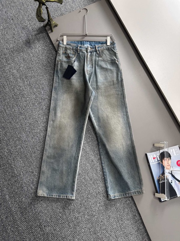 Prada Four Seasons High Street Leopard Logo Loose Jeans Washed Straight Pants