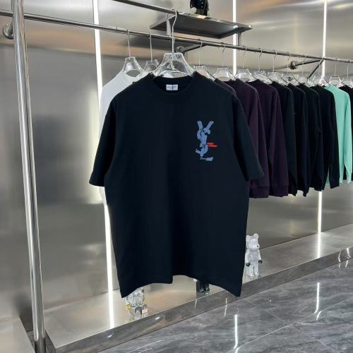Yves Saint Laurent New Fashion Patch Denim Embroidered Logo Short Sleeve Couple Casual T-shirt