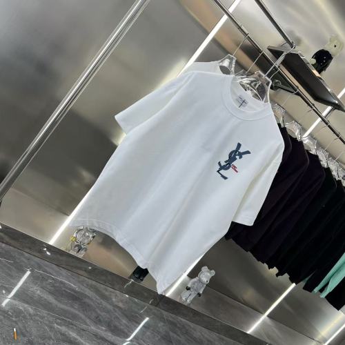 Yves Saint Laurent New Fashion Patch Denim Embroidered Logo Short Sleeve Couple Casual T-shirt