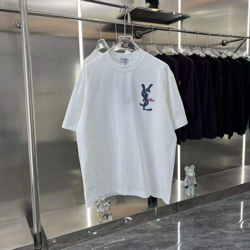 Yves Saint Laurent New Fashion Patch Denim Embroidered Logo Short Sleeve Couple Casual T-shirt
