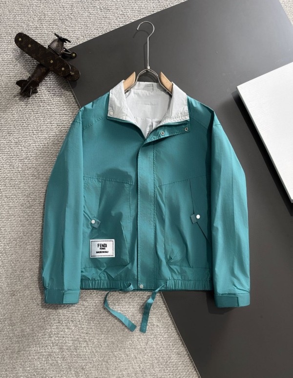 Fendi New Spring Embroidered Logo Zipper Stand Up Collar Windbreaker Jacket Coat