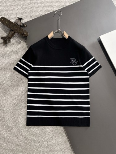 Dior Unisex New Classic Stripe Casual Round Neck Knitted Short Sleeve