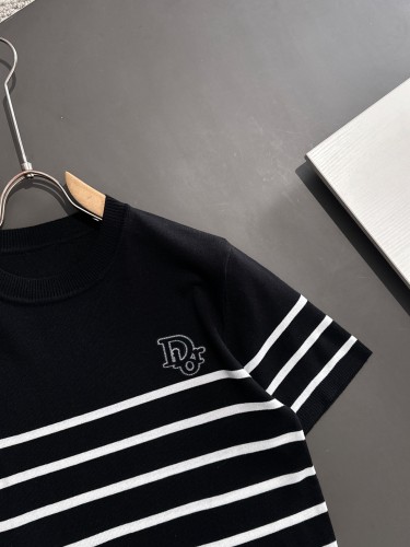 Dior Unisex New Classic Stripe Casual Round Neck Knitted Short Sleeve