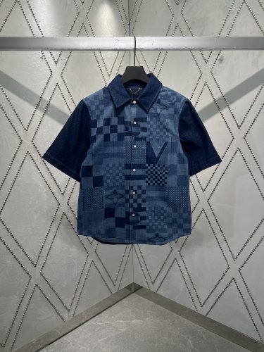 Louis Vuitton New Fashion Letter Embroidery Chessboard Cowboy Short Sleeve