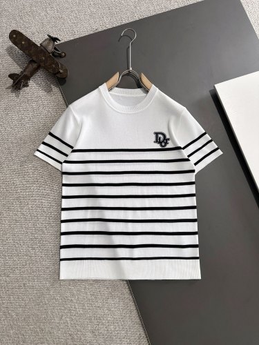 Dior Unisex New Classic Stripe Casual Round Neck Knitted Short Sleeve