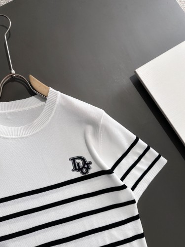 Dior Unisex New Classic Stripe Casual Round Neck Knitted Short Sleeve