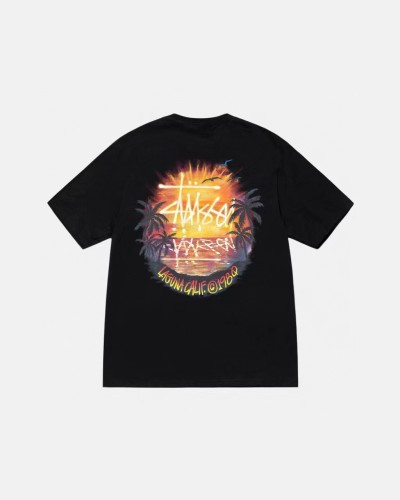 Stussy Fashion Sunshine Beach Coconut Tree Printed Short Sleeve Couple Casual Round Neck T-shirt