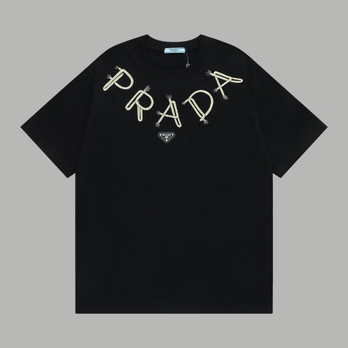 Prada Straw Rope Embroidered Short Sleeve Couple's Casual Versatile T-shirt