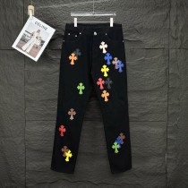Chrome Hearts New Splicing Color Cross Sticker Leather Couple's Washed Jeans