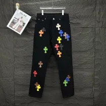 Chrome Hearts New Splicing Color Cross Sticker Leather Couple's Washed Jeans