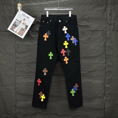 Chrome Hearts New Splicing Color Cross Sticker Leather Couple's Washed Jeans