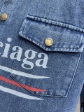 Balenciaga New Classic Logo Printed Washed Denim Short Sleeve Set