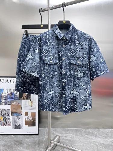 Louis Vuitton New Classic Full Logo Printed Denim Short Sleeve Set