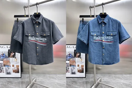 Balenciaga New Classic Logo Printed Washed Denim Short Sleeve Set