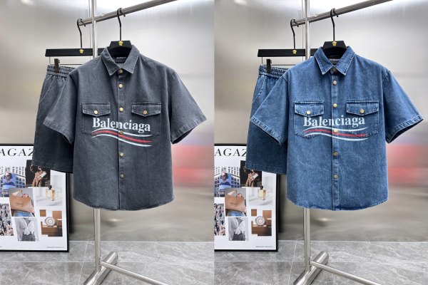 Balenciaga New Classic Logo Printed Washed Denim Short Sleeve Set