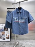 Balenciaga New Classic Logo Printed Washed Denim Short Sleeve Set