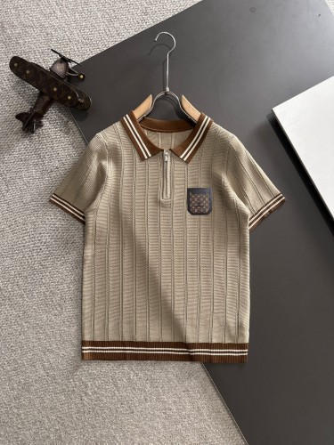 Louis Vuitton New Classic Leather Logo Contrast Collar Half Zipper Knitted Short Sleeve